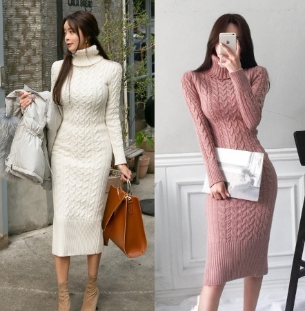 デート モテコーデ カラー豊富 ワンピース ニットワンピース 膝丈 ひざ丈 膝下 袖あり 長袖 萌袖 ハイネック タートルネック スリム タイト 細身 Iライン 編み込み かわいい 可愛い