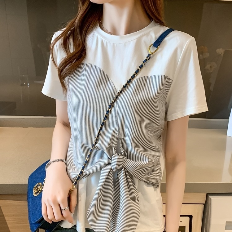 フェイクツーピーストップス 夏半袖トップス リボントップス ストライプデザイン カジュアルトップス トップス Tシャツ シャツ カットソー プルオーバー 白シャツ 白トップス ロング丈 袖あり 半袖