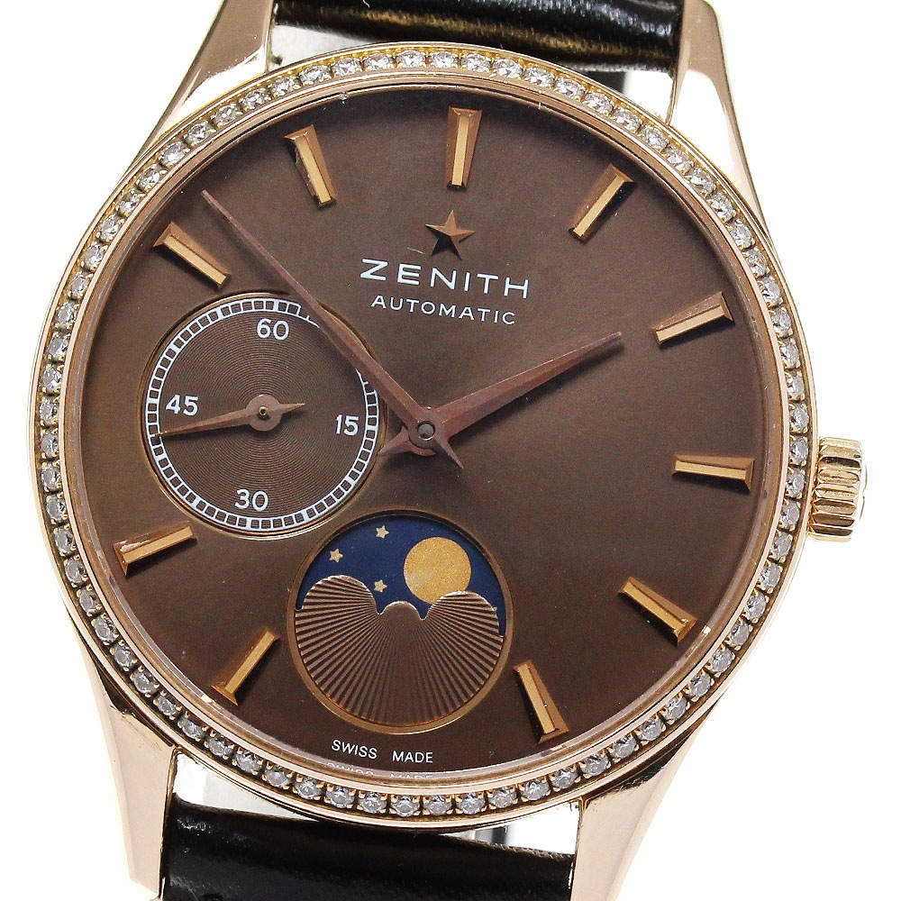 ゼニス ZENITH 22.2310.692 エリート ウルトラシン K18PG ダイヤベゼル ムーンフェイズ 自動巻き レディース 保証書付き_832348【中古】