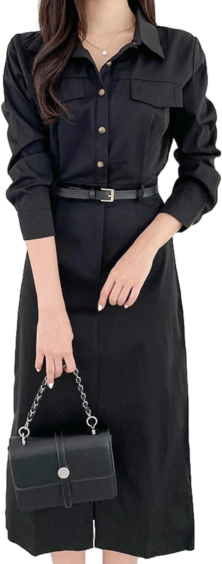 ワンピース レディース 春 秋 膝下 丈 きれいめ トレンチ スリット BN234 BLK( ブラック, Free Size)