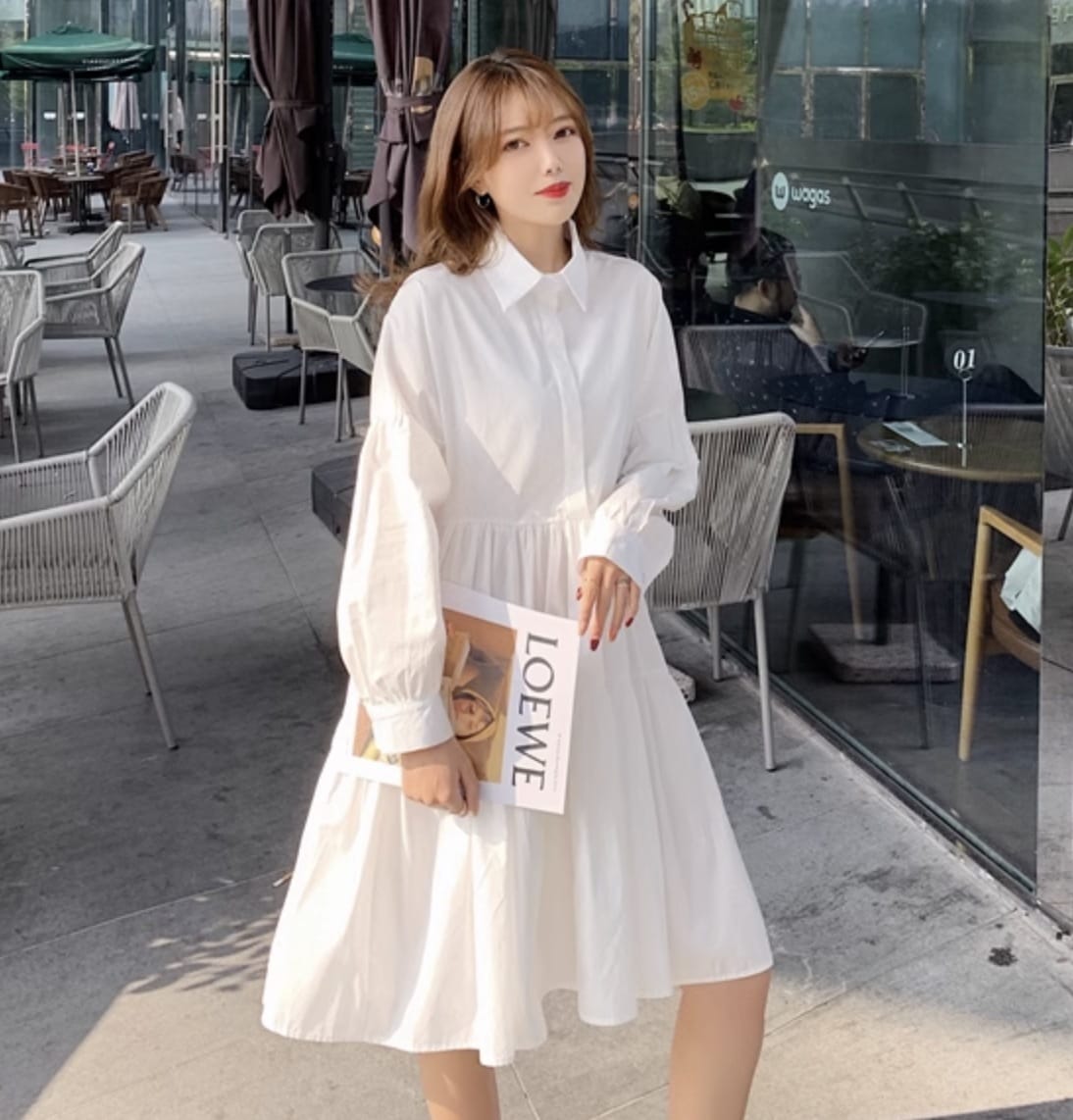 ワンピース フレアワンピース ミディアム丈 ミドル丈 袖あり 長袖 襟付き フレア Aライン シフォン ウエストマーク ハイウエスト 綿 かわいい きれいめ シンプル カジュアル 大人 上品 おしゃれ