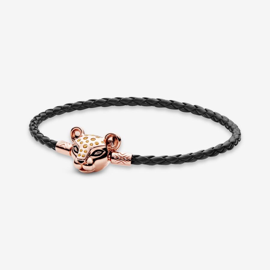 パンドラBlack single circle woven leather bracelet, shining lion princess chain buckle bracelet 588053CBK-S3