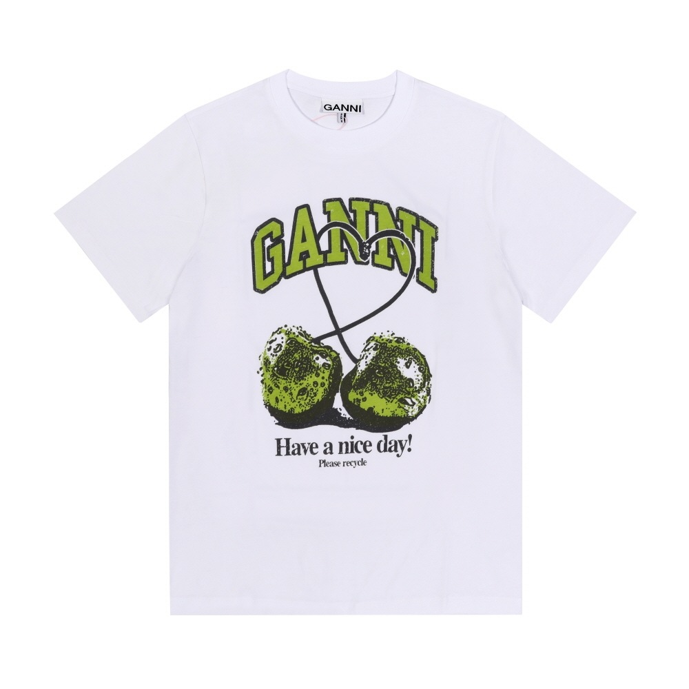 GANNI グリーンチェリー ロゴプリント 女性半袖Tシャツ T4291 151