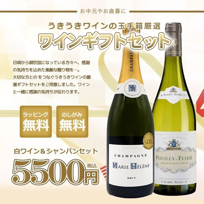 お歳暮の贈り物に うきうきワインのギフトセット シャンパン＆白ワイン 5000円セットC （箱 ラッピング のし紙無料） 家飲み