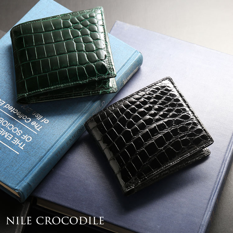クロコダイル メンズ 折り財布 日本製 シャイニング 加工 一枚革 センター取り 小銭入れ付き 二つ折り JRA 本革 鰐革 男性 財布 プレゼント ギフト (06001740-mens-1r)