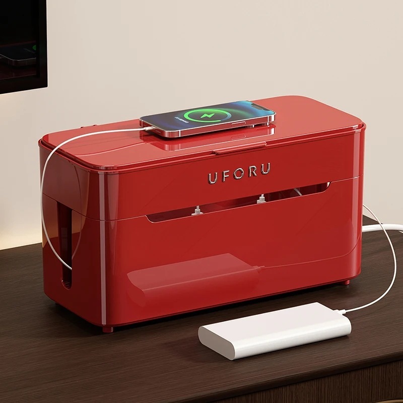 UFORU 充電ケーブル収納ボックス デスクトップデータケーブル整理ボックス 蓋付きコンパートメントとケーブル管理ボックス