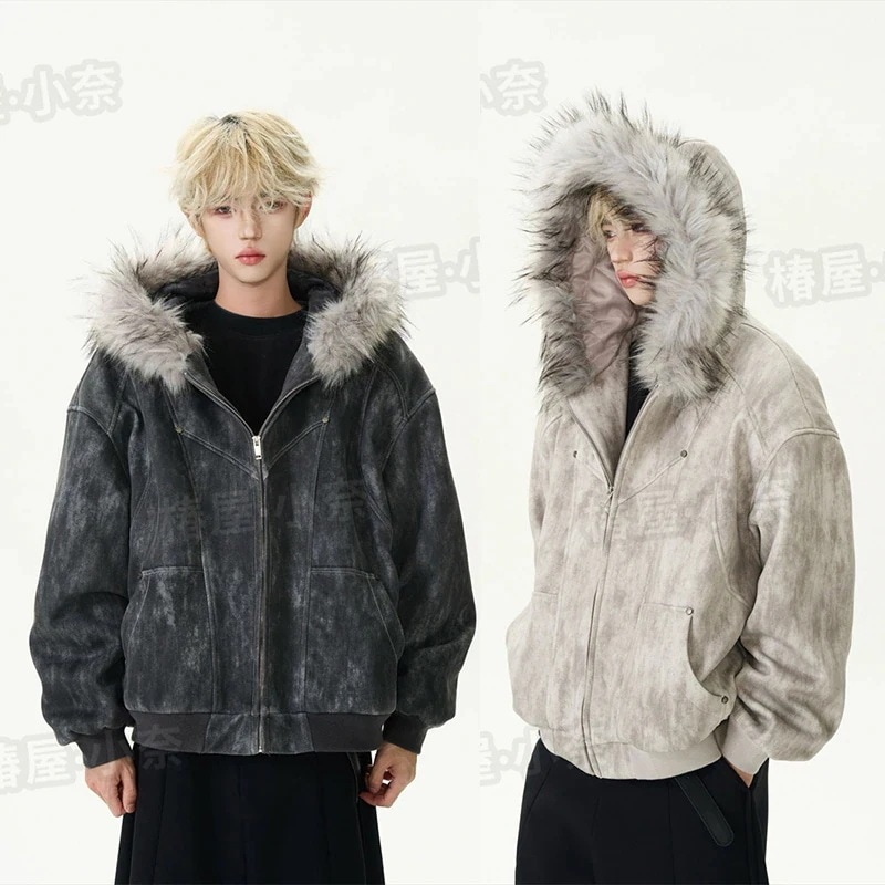 INS話題座山彫連帽毛襟綿入れ男性綿入れ染めハイエンド厚手保温コート ファー 毛皮アウター