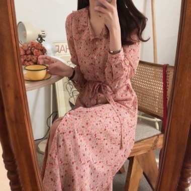 小花柄ワンピース ワンピース 長袖 ボリューム袖 Vネック フリル ウエストマーク ウエストリボン