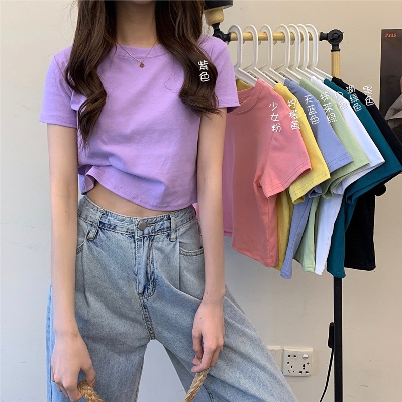 21夏の新しいキャンディーカラーのラウンドネック半袖tシャツ女性の野生の韓国風潮研究所シンプルなブラウスイン 大注目