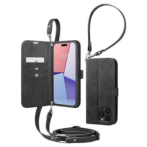 iPhone 15 Pro Max 手帳型ケース ショルダーストラップ付き スタンド機能 ブラック