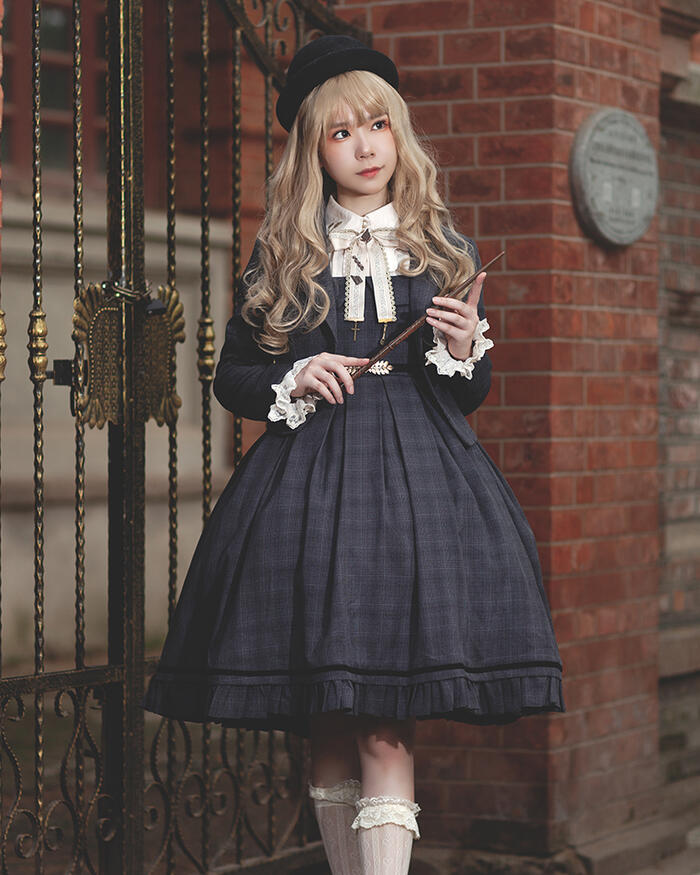 【急速出荷】ロリィタ 秋冬 制服 学園風 チェック柄 ジャンパースカート ワンピース ドレス JK 学園 かわいい 清楚 ゴスロリ ロリータ少女 アニメ ロールプレイ フリル 女子高生