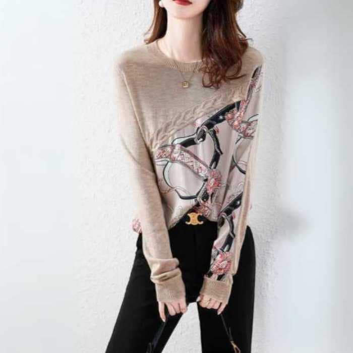 きれいめレディースファッション トップス S M L XL スカーフ柄 異素材ニットシャツ