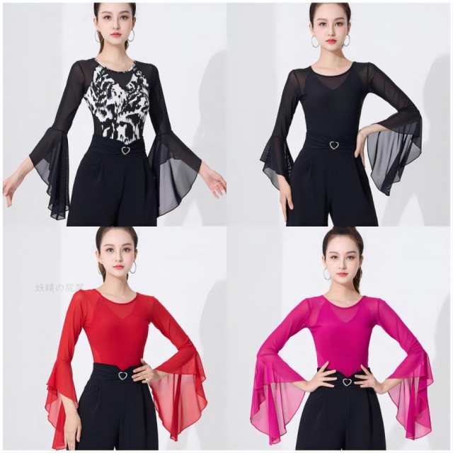 ラテンダンスウェア ダンス衣装レオタード レディース ステージ衣装 フレア袖 社交 ダンス 練習着 トップス 無地 レッスン着 花柄 舞台服 全店二点送料無料