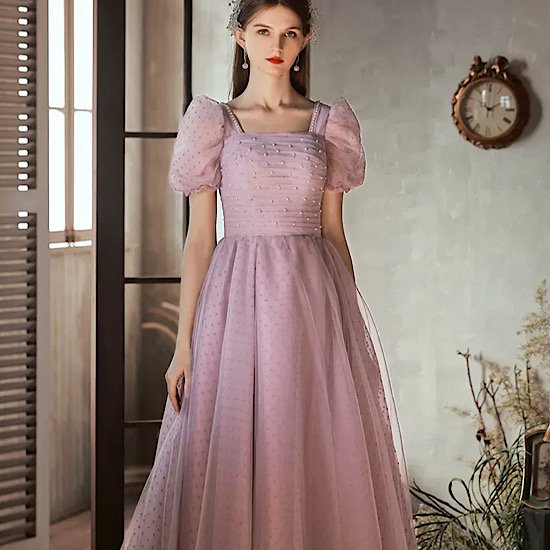 【取寄：納期2週間】演奏会ドレス ビジュー パフスリーブ プリンセス イブニングドレス ラグジュアリー 発表会 演奏会 レディース フレアドレス 結婚式 ステージ衣装 ロング丈