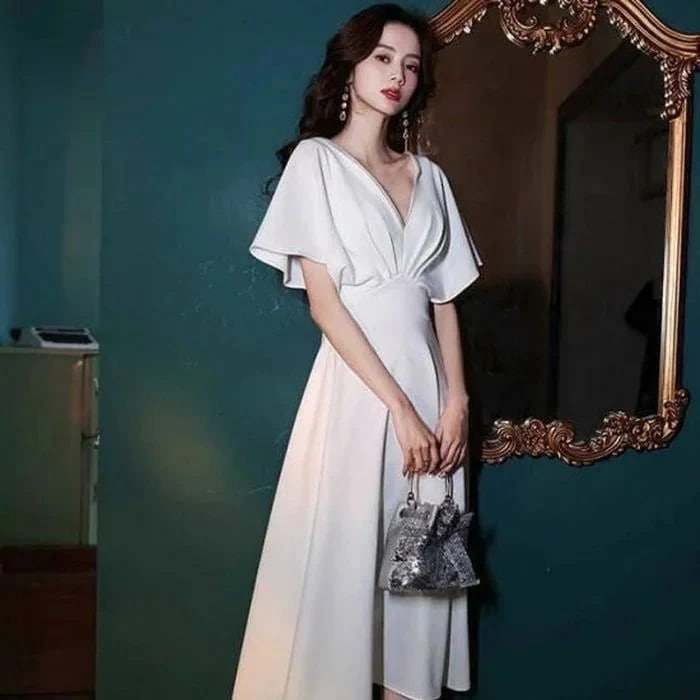 パーティードレス韓国おしゃれお呼ばれ上品結婚式二次会謝会成人式可愛いロングエレガント白ワンピース半袖大きいサイズ