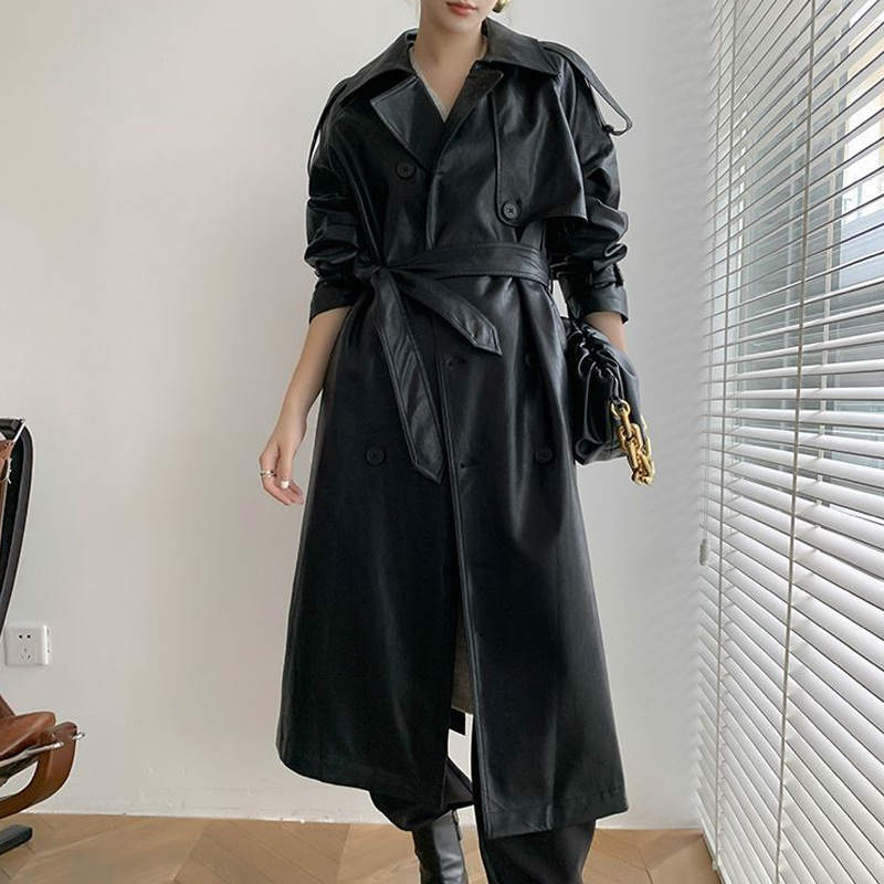 レディース PUレザー トレンチコート ロングコート ウエストローブ アウター キレカジ クール 大人かっこいい 長袖 きれいめ エレガント 通勤 休日コーデ おしゃれ お出かけ お呼ばれ デイリー