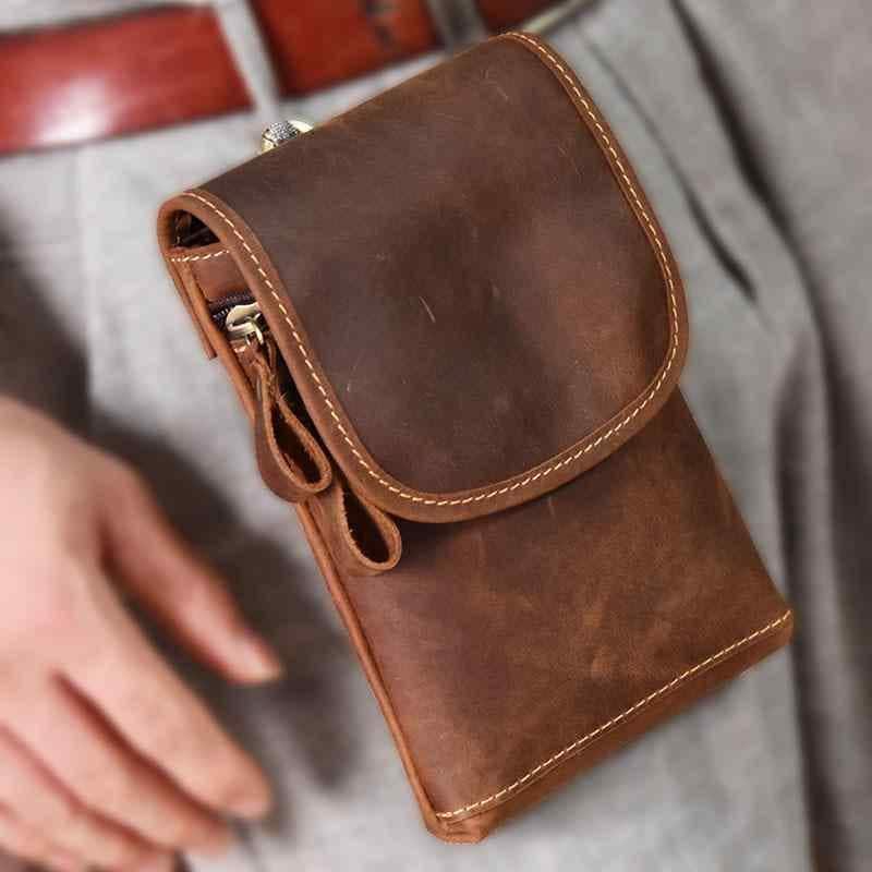 ベルトポーチ メンズ レトロ 革 レザー ウエスト バッグ 縦型 長方形 カバー タイプ 携帯 スマホ 小物 ブラウン 5,414円