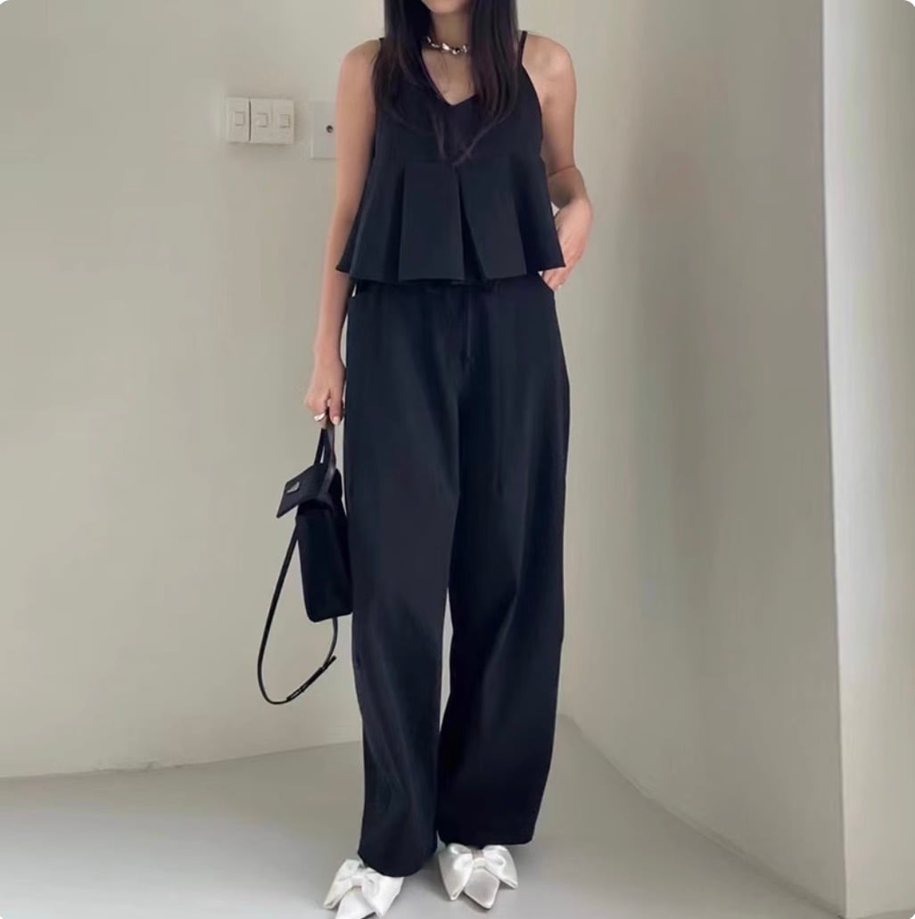 レディース トップス パンツ ボトムス カットソー キャミソール 白トップス ワイドパンツ ストレートパンツ ロング ロング丈 袖なし ノースリーブ Vネック 襟なし ワイド ウエストゴム 伸縮性