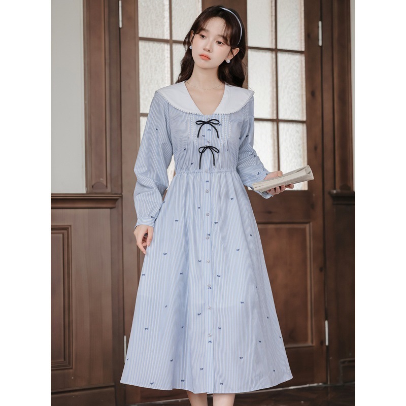 【急速出荷】送.料.無.料.アカデミア風 クラッシュカラーマリンネックストライプリボン ロングスカート ワンピース