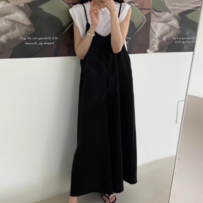 レディース パンツ ボトムス サロペット つなぎ ロングパンツ ワイドパンツ ロング 袖なし ノースリーブ 襟なし ワイド ポケット 薄手 かわいい 大人可愛い きれいめ シンプル カジュアル 上品
