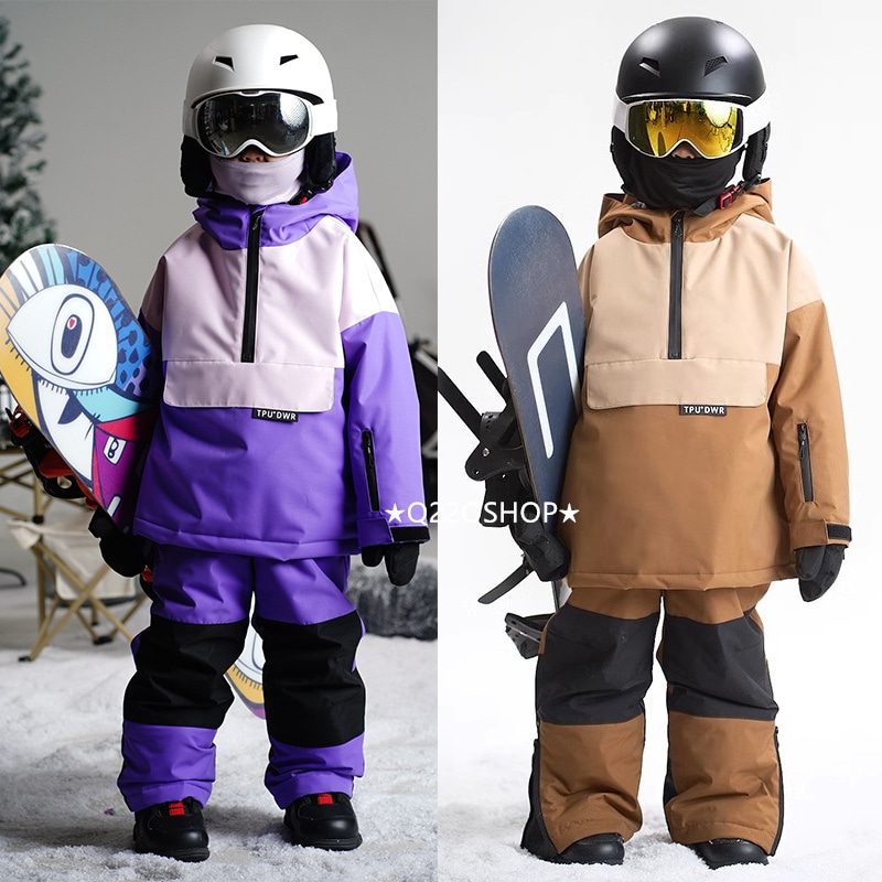 スノボウェア 2025 上下セット キッズ 子供 ベビー服 ジャケット アウター 紫 オーバーオール つなぎパンツ ズボン スノーボードウェア スキーウェア 防寒着韓国風 女の子 男の子 こども