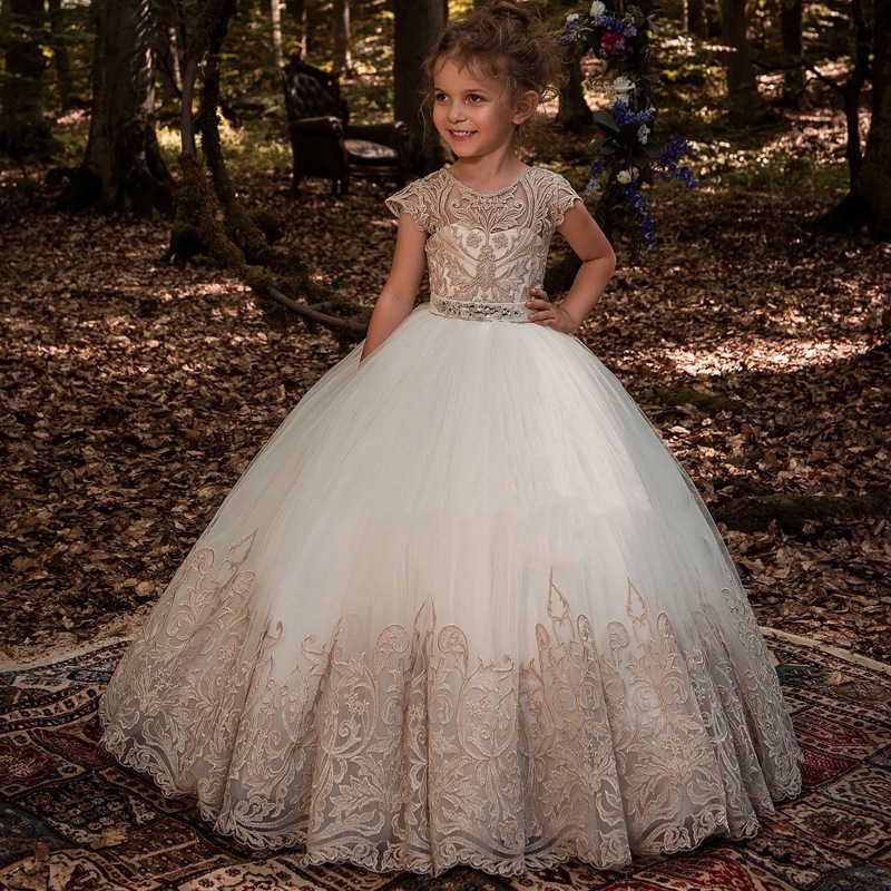 子供フラワーガールドレスレースノースリーブパフォーマンスホストガールふわふわプリンセスドレス