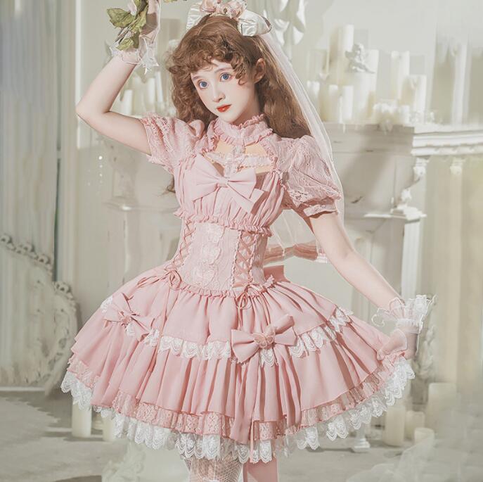 可愛い ロリータワンピース 蝶元素 お姫系 重ね重ねワンピース ピンク 半袖 ティアードワンピース バタフライ モチーフ プリンセス風 コスプレ ワンピース ハロウィン 仮装 背中大リボン
