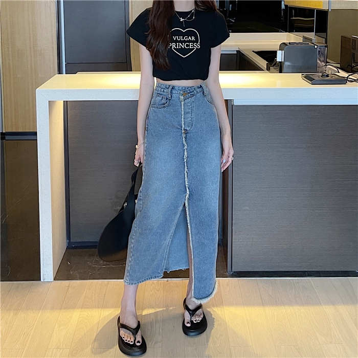 ハイウエストデニムスカート スカート ボトムス デニムスカート ミモレ ミモレ丈 ロング ロング丈 スリム タイト 細身 Iライン スリット ハイウエスト デニム かわいい 大人可愛い きれいめ