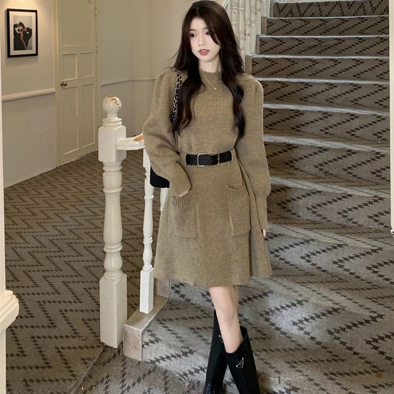 ワンピースドレスニットワンピドレス 新作 冬のワンピース コーディネート ジェントルスタイル ベルト ワンピース 高級感 スリミング 着痩せ ニット