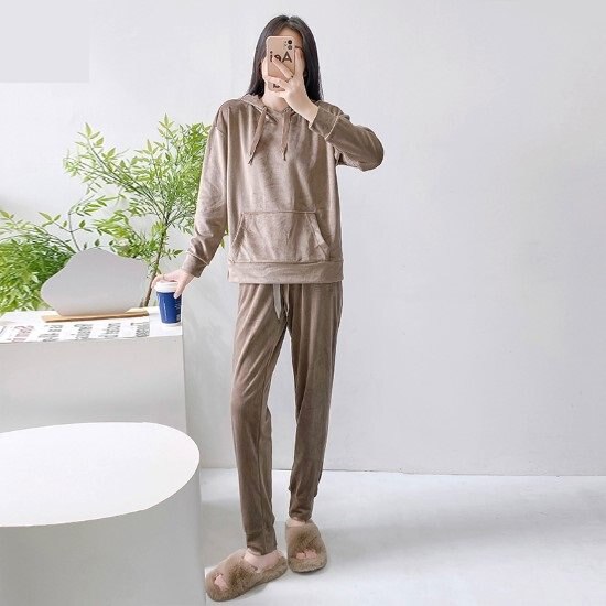 【取寄：納期2週間】ルームウェア レディース パジャマ 部屋着 寝巻き おうち服 フード付き カンガルーポケット リラックス カジュアル 長袖長ズボン シンプル 無地 ウエストゴム 2点セット