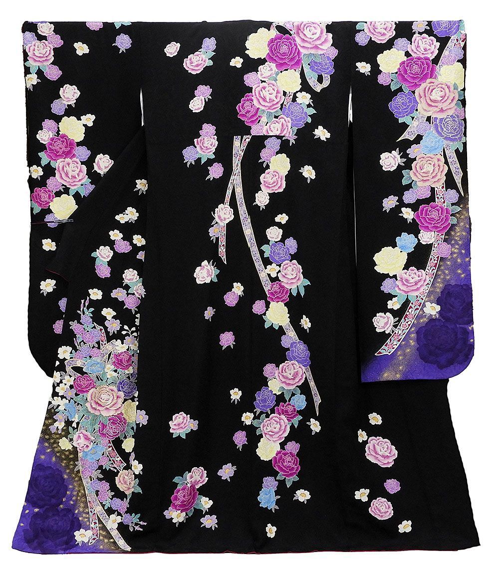 振袖 正絹 薔薇熨斗目模様 身丈168cm 裄丈70cm 振袖 美品 リサイクル 着物 e0908