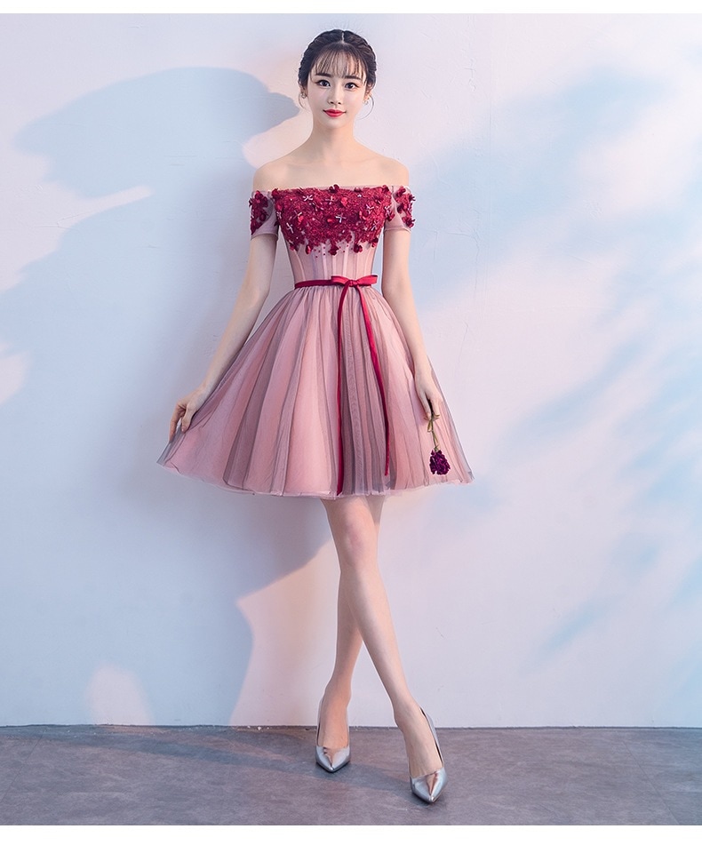 パーティードレス ミニドレス 花柄 ウエストリボン aライン 大きいサイズ XS-2XL 小さいサイズ オフショルダー チュール セクシー 肌見せ お呼ばれ 結婚式 二次会-831