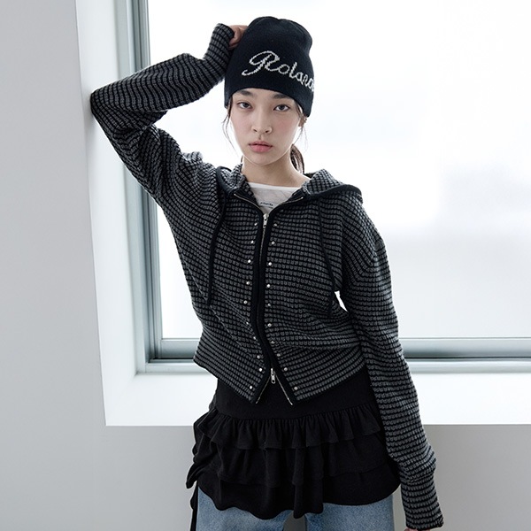 STUD KNIT HOODED ZIP-UP GRAY
