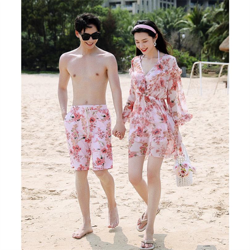 水着セット 男女お揃いビーチウェア メンズ ショートパンツ カップル水着 夏ペアルック 花柄 レディース 海パン サーフパンツ チュニック ビキニ