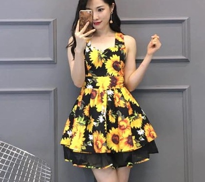 レディース ワンピース ミニ 膝上 袖なし ノースリーブ フレア Aライン 背中開き 編み上げ 透け感 異国風 切り替えデザイン かわいい 大人可愛い カジュアル おしゃれ ガーリー 存在感 ラブリー