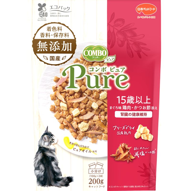 （まとめ買い）日本ペットフード コンボ キャット ピュア ドライタイプ 15歳以上 まぐろ味/鶏肉/かつお節添え 200g （100gx2袋）猫用フード [x12]