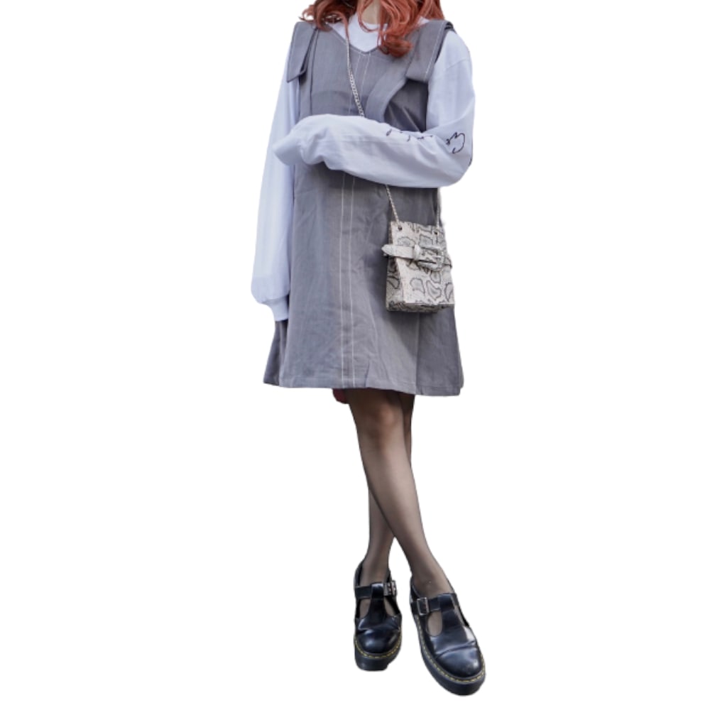 Shoulder Ribbon White Stitch Mini Onepiece (grey) A,D,G レディース