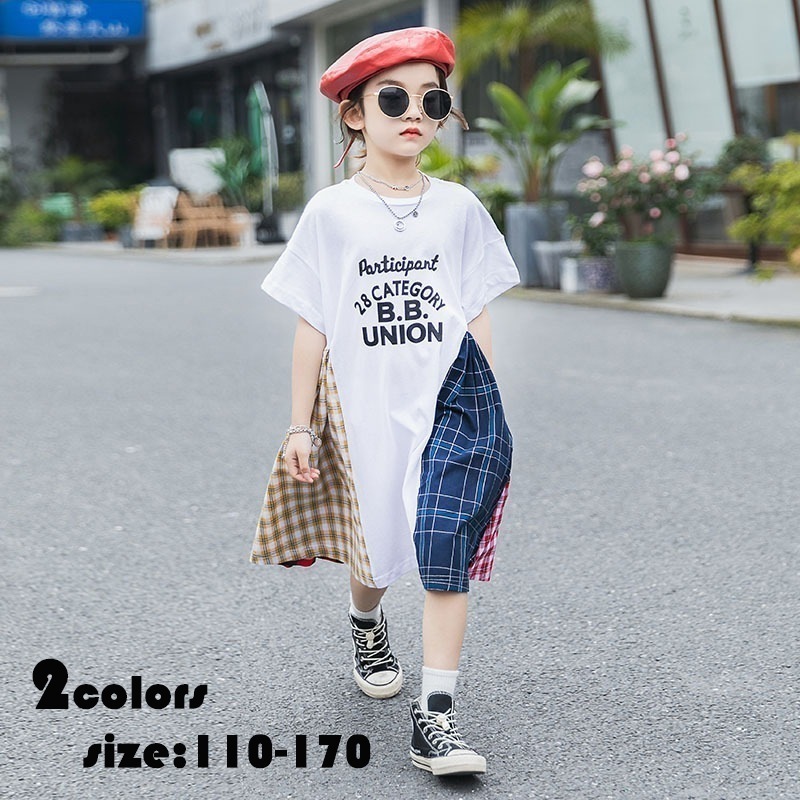 【即納】ロングワンピース 親子 お揃い ワンピース チェック柄 切り替え 子供服 女の子 コットン 半袖 Aライン フレアスカート リゾート おしゃれ 子ども服 夏 ビーチ カジュアル 可愛い ジュニ