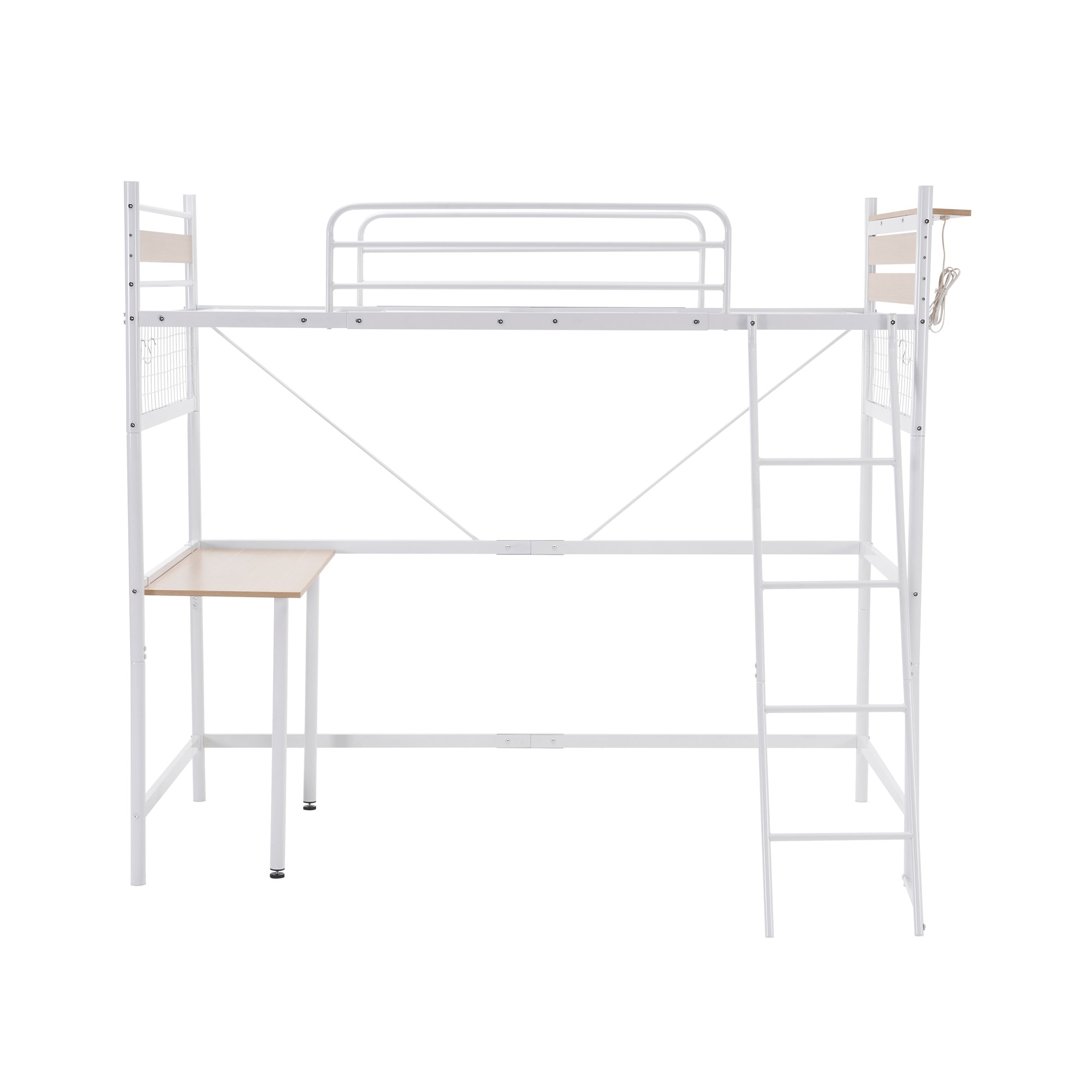 [国内即発送]システムベット ３WAYロフトベッド　シングル 収納付き デスク付き 北欧風 スチール 耐震　デスク付き・移動可能 コンセント付き メッシュパネル付き 高さ３段階【ホワイト】 17,029円
