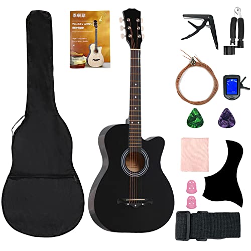 アコースティックギター 初心者セット 38インチ 入門練習ギター 初級ギターセット 大人 学生 子供 初級 初心者 入門 練習 ギター フォークギター クラシックギター 簡易教則（日本語）付き (ブラ