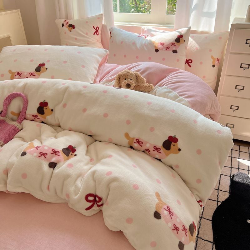 冬の両面厚手ミルクレーヨンベッド上4点セット女の子フランジサンゴレーヨン布団カバーシーツ3点セットベッド