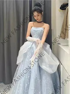 イブニングドレス女性成人式芸考卒業ブルーハイエンドイブニングドレス-96