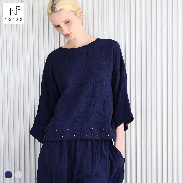 ナルエー パジャマ シャーリングダブルガーゼプティ刺繍セットアップ 上下セット セットアップ 7分袖