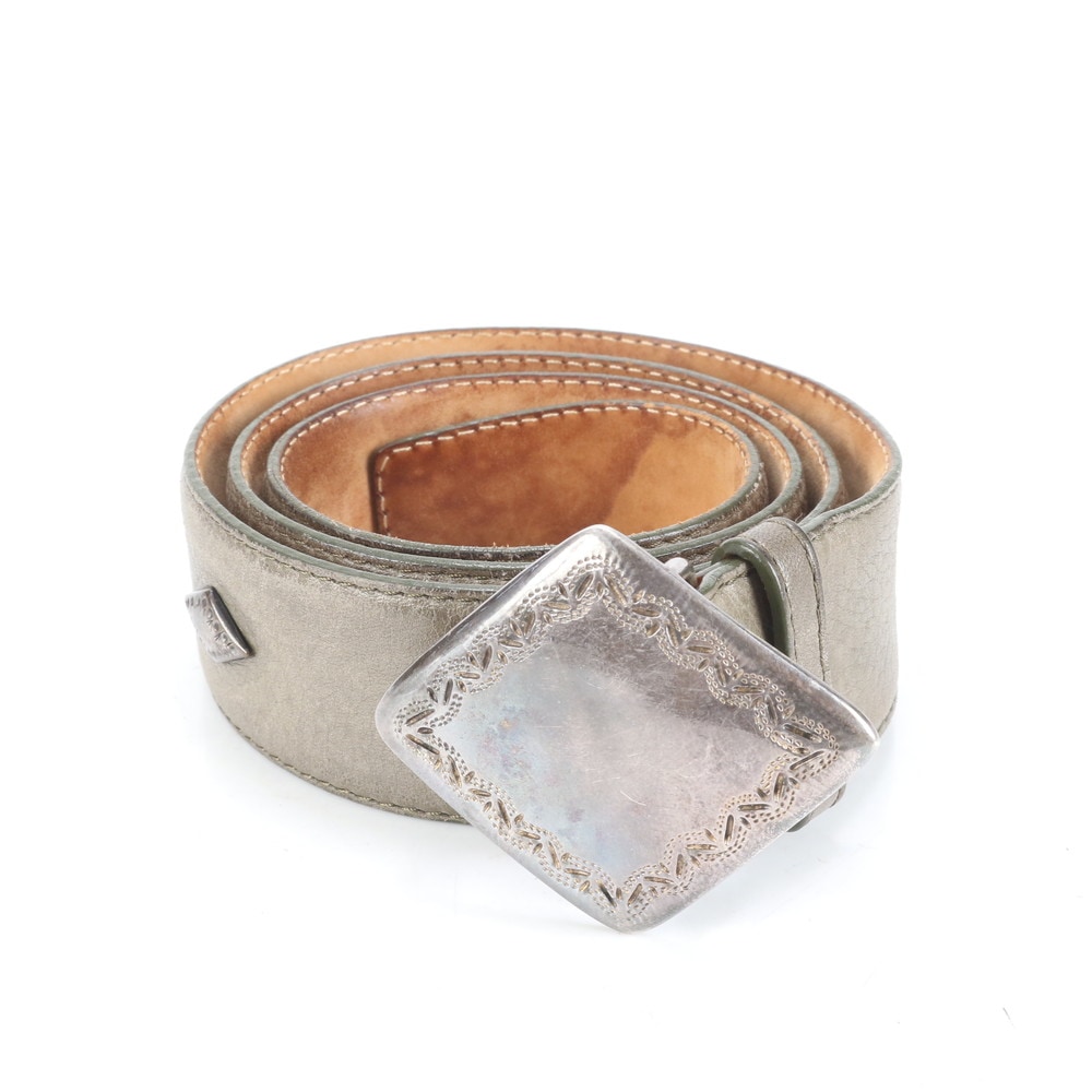 美品 Amboise アンボワーズシルバー バックル ビジネス 紳士 カジュアル レザー ベルト メンズ RUE CQ23-9 中古 10,318円