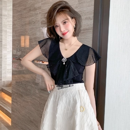 レディース トップス カットソー ケープ フレアスリーブ クルーネック 切り替え アクセサリー チュール フリル リボン 異素材ミックス シアー ビジュー かわいい 大人可愛い きれいめ