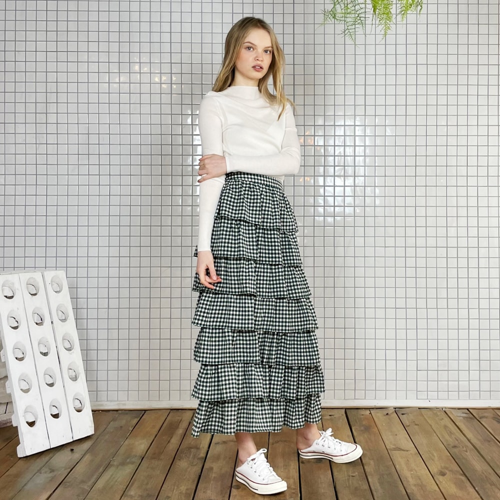 Selenas check layered long skirts (Green)
