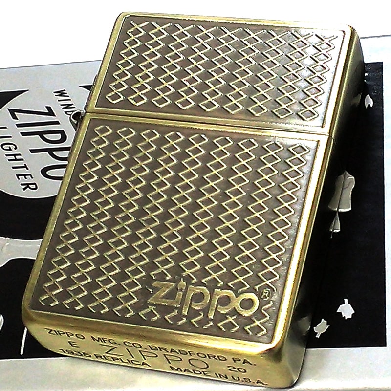 ZIPPO おしゃれ 1935 復刻レプリカ グリルメッシュ アンティークブラス 両面加工 エッチング彫刻 ジッポ ライター 3バレル シンプル 角型 かっこいい メンズ プレゼント ギフト