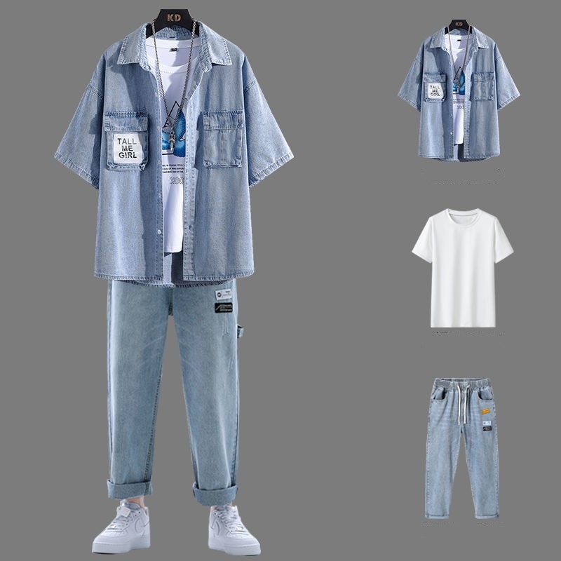 3点セット デニム+半袖Tシャツ+シャツ 夏新作 メンズ ファッションスーツ かっこいい 五分袖 ジーンズ