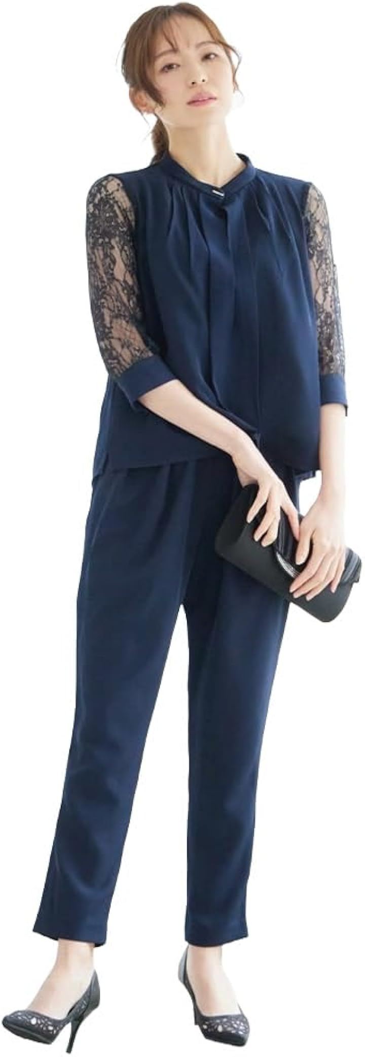 スリーブレース切り替えパンツドレス セットアップ 上品 おしゃれ 結婚式 二次会 入学式 卒業式 軽い生地 ゴールド留め具 袖カフス 洗練 きれいめドレス (ネイビー, XL)