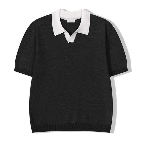 メンズ配色オープンカラーネック半袖ニットTシャツ GN-KNH-Q010-ブラック